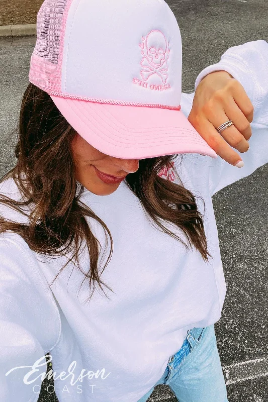 Ringer T Shirt Women with Retro - Inspired StripesChi Omega Light Pink Embroidered Bid Day Trucker Hat