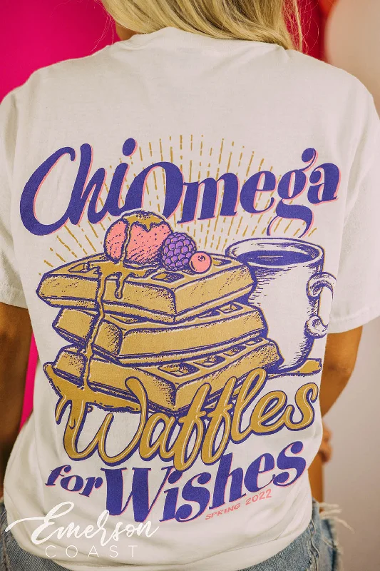 Floral Print Women T Shirt for a Feminine TouchChi Omega Philanthropy Waffles For Wishes Tee