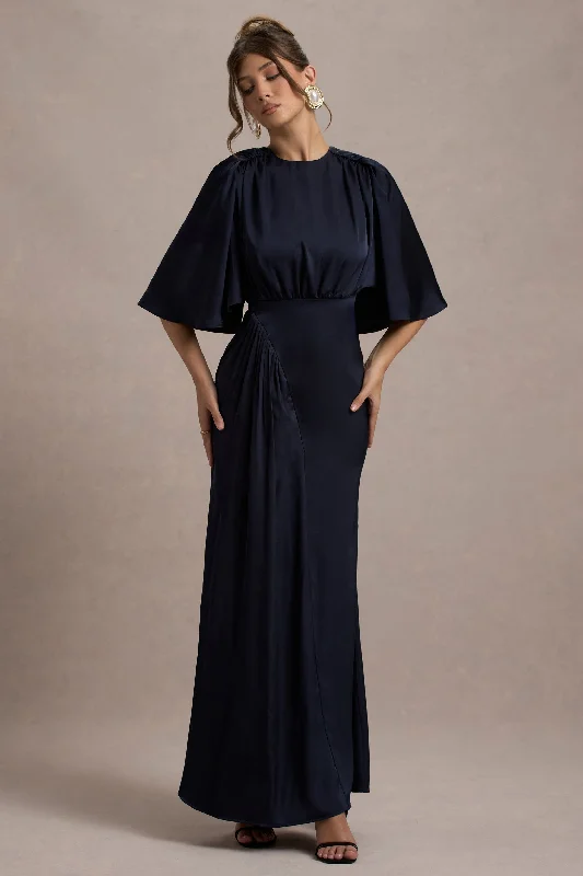 Off - the - Shoulder Women Dress for a Romantic and Feminine LookCinder | Navy Satin Gathered Maxi Dress