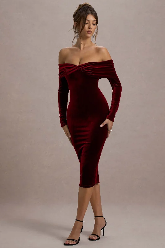 Wrap - Style Women Dress with Adjustable Fit for All Body TypesCompliment | Berry Velvet Bardot Midi Dress