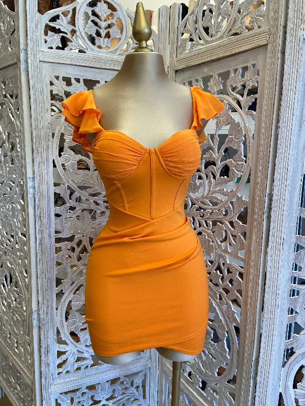 Halter Neck Women Dress to Show Off the Shoulders and NecklineOrange Ruffle Sleeve Mini Dress