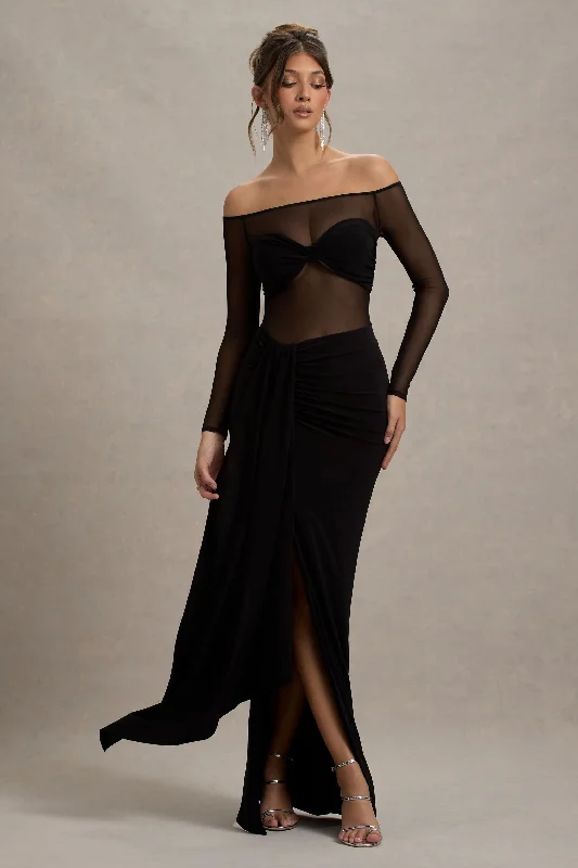 Ruffled Women Dress with Multiple Layers for a Playful and Girly StyleCover Star | Black Mesh Bardot Long-Sleeve Draped Maxi Dress