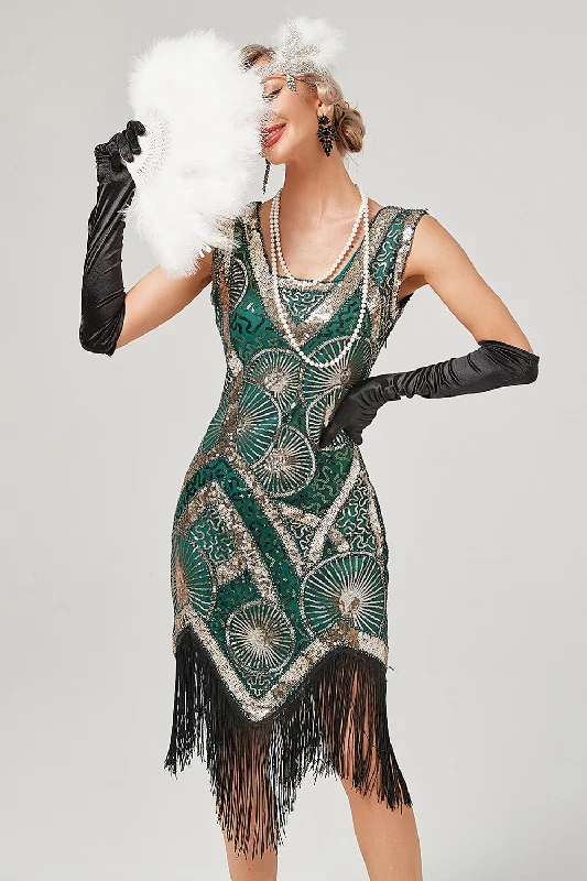 Pleated Women Dress with a Timeless and Elegant TextureDark Green 1920s Flapper Dress With Fringes