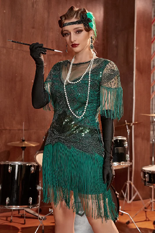 Little Black Women Dress with Sequins for a Glamorous Night OutDark Green Bateau Neck 1920s Gatsby Dress With Fringes