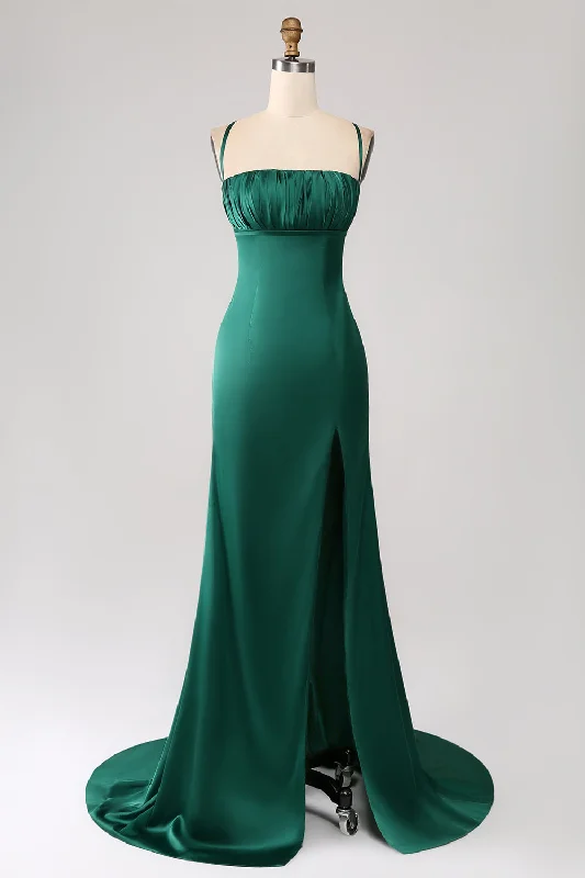 Mini Women Dress with a Short Hem for a Young and Trendy StyleDark Green Mermaid Spaghetti Straps Satin Prom Dress with Pleated