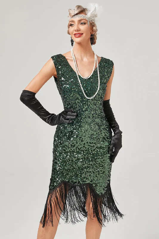 Wrap - Style Women Dress with Adjustable Fit for All Body TypesDark Green Sequined V-Neck Gatsby Dress With Fringes