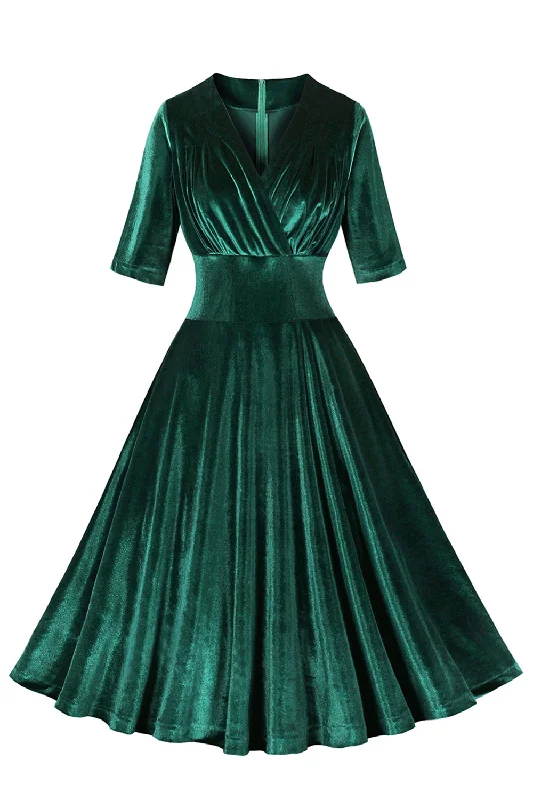 Empire Waist Women Dress to Accentuate the Bust and Conceal the WaistDark Green Velvet V Neck Ruffled 1950s Dress