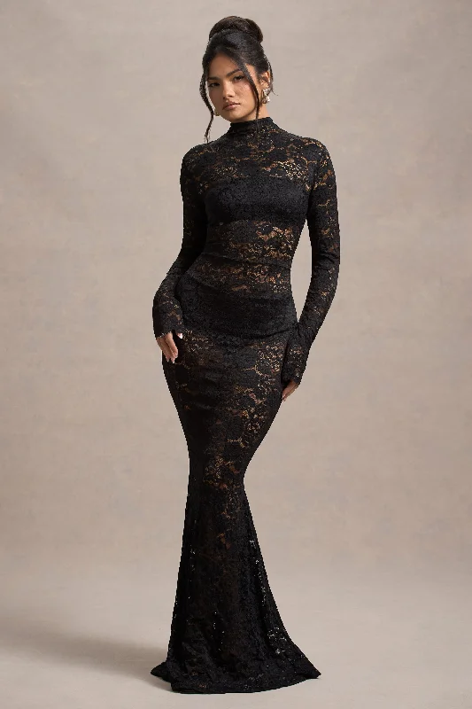 Mermaid - Style Women Dress with a Fitted Silhouette for Special OccasionsDelevingne | Black Lace Sheer Long-Sleeve Maxi Dress