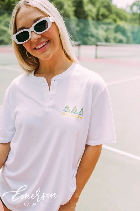 Pocketed Women T Shirt for Added FunctionalityDelta Delta Delta Fourty Years Strong Henley