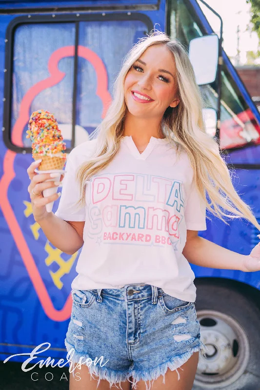 Striped Women T Shirt in a Classic PatternDelta Gamma Philanthropy Backyard BBQ Notch Tee