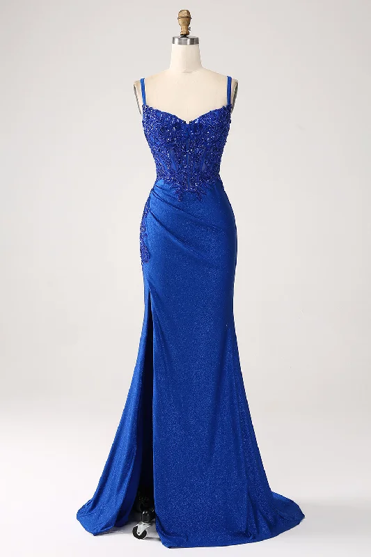 Sheath Women Dress with a Tailored Fit for a Professional LookGlitter Royal Blue Mermaid Spaghetti Straps Long Prom Dress with Appliques