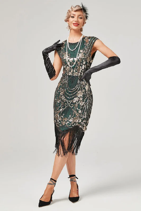 Pleated Women Dress with a Timeless and Elegant TextureGreen Round Neck Golden Embroidery 1920s Dress With Fringes