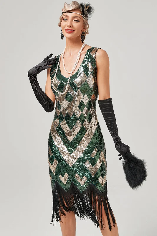 Ruffled Women Dress with Multiple Layers for a Playful and Girly StyleGreen Scoop Neck Sleeveless Flapper Dress With Fringes