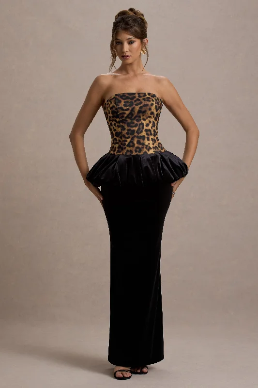 Backless Women Dress for a Sexy and Alluring Look at Evening EventsHarriette | Leopard Print Bandeau Maxi Dress With Black Velvet Peplum Skirt