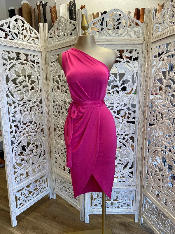 Shift Women Dress with a Simple and Classic Design for Everyday WearHot Pink One Sleeve Draped Dress