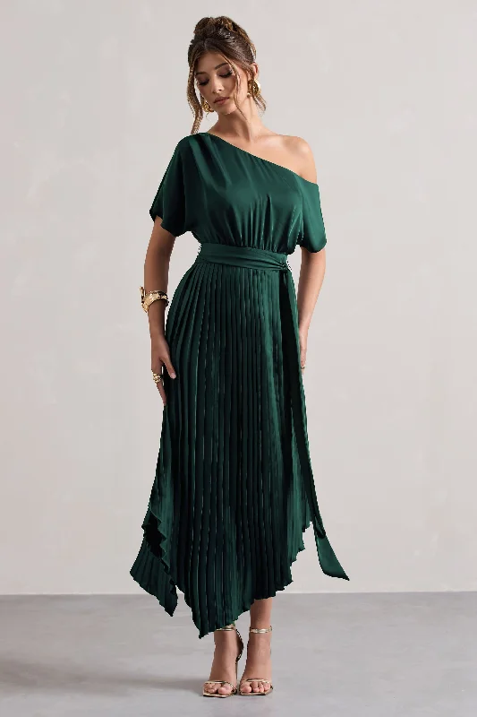 Long - Sleeve Women Dress in Velvet for a Luxurious Winter LookIndia | Bottle Green Satin Asymmetric Plisse Maxi Dress