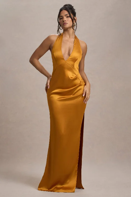 Long - Sleeve Women Dress in Velvet for a Luxurious Winter LookInferno | Mustard Satin Plunge-Neck Gathered Split Maxi Dress