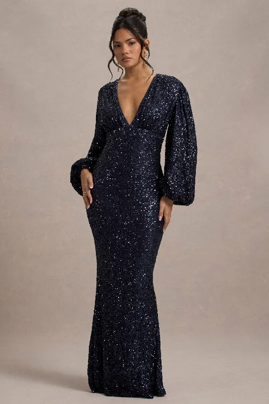 Lace - Embellished Women Dress for an Elegant and Sophisticated AppearanceKaelin | Navy Sequin Plunge-Neck Maxi Dress