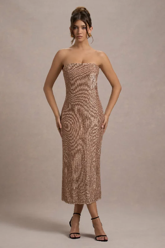 Sheath Women Dress with a Tailored Fit for a Professional LookLilabelle | Rose Gold Plisse Sequin Bandeau Midi Dress