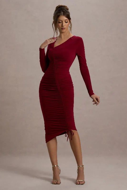 Mini Women Dress with a Short Hem for a Young and Trendy StyleLilia | Berry Ruched Asymmetric Midi Dress