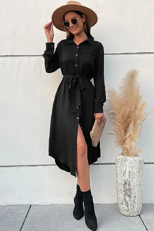 Empire Waist Women Dress to Accentuate the Bust and Conceal the WaistLong Sleeves A Line Black Button Summer Dress