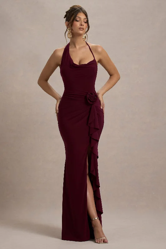 Backless Women Dress for a Sexy and Alluring Look at Evening EventsLucena | Burgundy Cowl-Neck Wrap Maxi Dress With Floral Drape