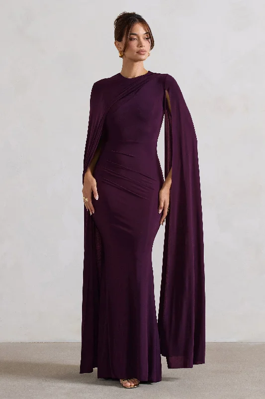 Strapless Women Dress with a Built - in Bra for Comfort and SupportMagdelena | Plum Asymmetric Cape Maxi Dress