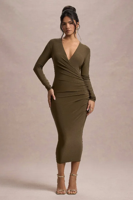 Pleated Women Dress with a Timeless and Elegant TextureMarcia | Khaki Bodycon Plunge-Neck Midi Dress