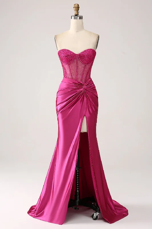 Strapless Women Dress with a Built - in Bra for Comfort and SupportFuchsia Mermaid Sweetheart Pleated Long Corset Satin Prom Dress With Slit