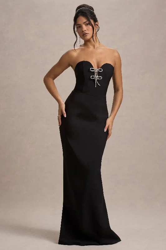 Strapless Women Dress with a Built - in Bra for Comfort and SupportMolly | Black Strapless Sweetheart Maxi Dress With Bows