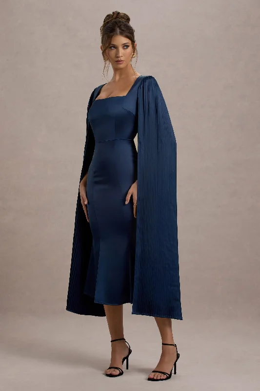 Long - Sleeve Women Dress in Velvet for a Luxurious Winter LookNalda | Navy Square-Neck Midi Dress With Cape Sleeves