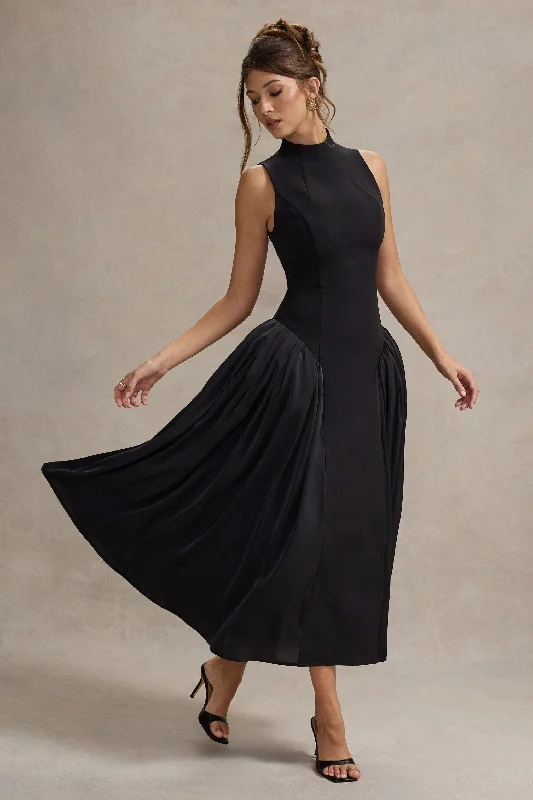 Plus Size Women Dress with a Flattering A - Line Cut for Comfort and StyleNapoli | Black High-Neck Volume-Skirt Midi Dress