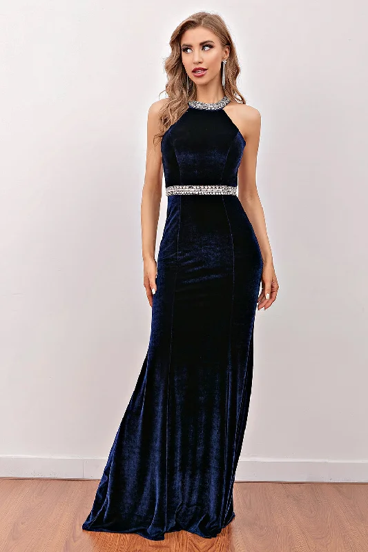 Long - Sleeve Women Dress in Velvet for a Luxurious Winter LookNavy Mermaid Velvet Long Prom Dress