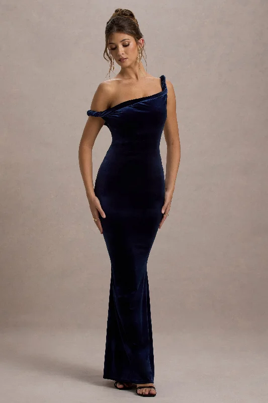 Pleated Women Dress with a Timeless and Elegant TextureNeeka | Navy Velvet Twisted Asymmetric Maxi Dress