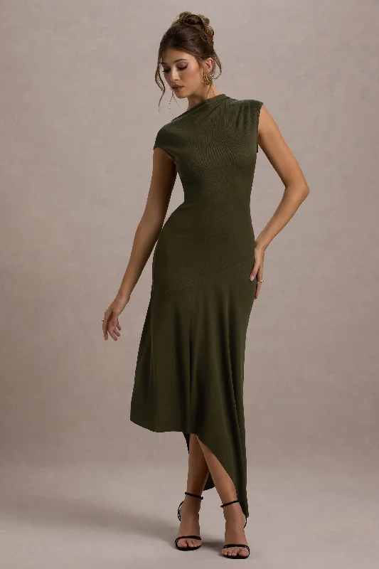 Shift Women Dress with a Simple and Classic Design for Everyday WearOndine | Khaki Asymmetric Draped Midi Dress