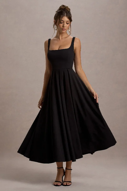 Shift Women Dress with a Simple and Classic Design for Everyday WearParina | Black Strappy Volume-Hem Maxi Dress