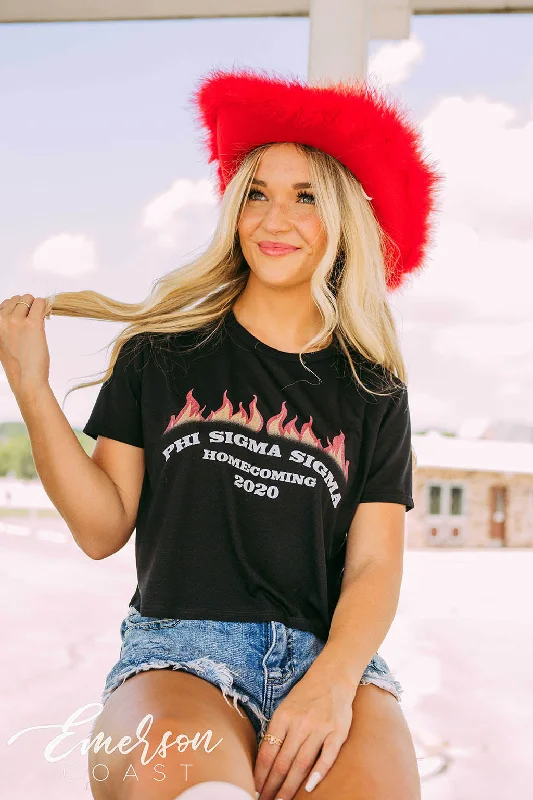 Distressed Women T Shirt with a Laid - Back AestheticPhi Sigma Sigma Homecoming Flames Tee