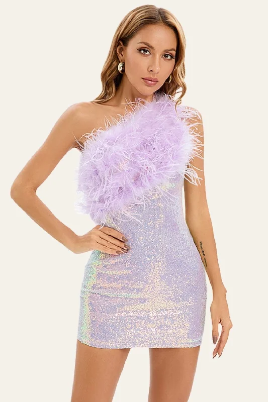 Empire Waist Women Dress to Accentuate the Bust and Conceal the WaistPurple Bodycon One-Shoulder Sequin Patchwork Homecoming Dress With Feather