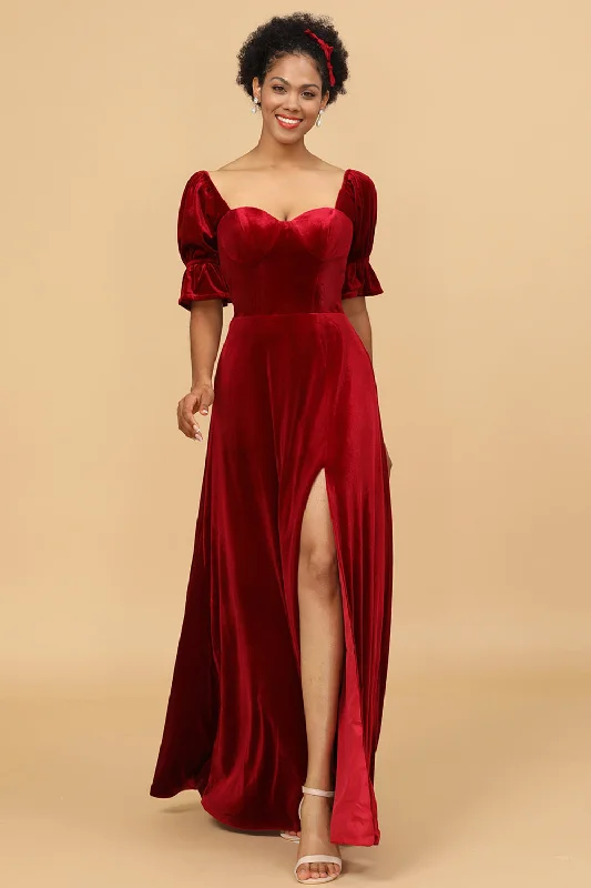 Long - Sleeve Women Dress in Velvet for a Luxurious Winter LookRed Velvet Half Sleeves Bridesmaid Dress With Slit