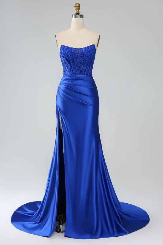 Strapless Women Dress with a Built - in Bra for Comfort and SupportRoyal Blue Mermaid Strapless Long Corset Prom Dress with Slit