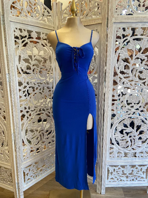 Strapless Women Dress with a Built - in Bra for Comfort and SupportRoyal Blue Tie Up Midi Dress