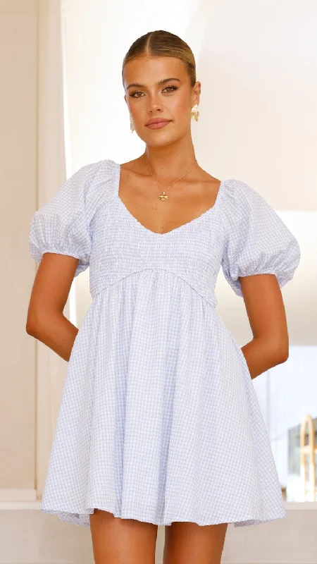 Wrap - Style Women Dress with Adjustable Fit for All Body TypesSahirah Mini Dress - Blue / White Gingham