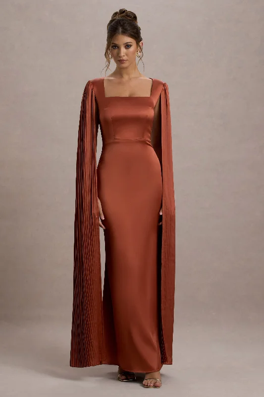 Off - the - Shoulder Women Dress for a Romantic and Feminine LookSaloma | Rust Satin Square-Neck Maxi Dress With Cape Sleeves