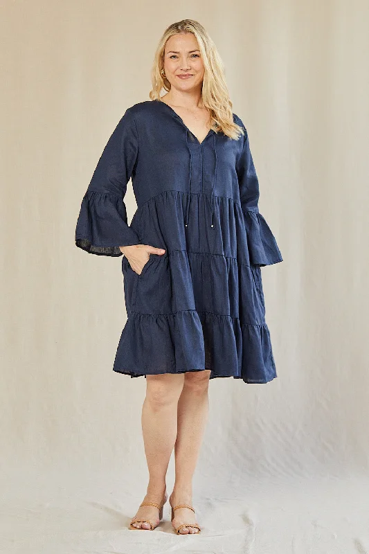 Ball Gown Women Dress with a Full Skirt for a Princess - like LookScout Tiered Linen Dress in Navy