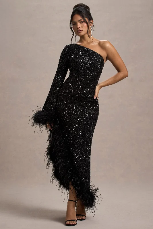 Ruffled Women Dress with Multiple Layers for a Playful and Girly StyleShadow | Black Sequin One-Shoulder Feather Trim Maxi Dress