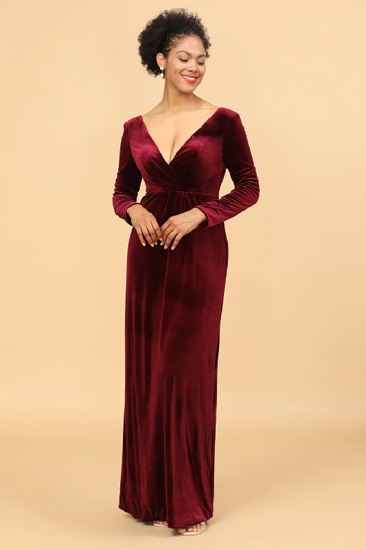 Ball Gown Women Dress with a Full Skirt for a Princess - like LookSheath Burgundy Deep V-Neck Long Sleeves Velvet Bridesmaid Dress