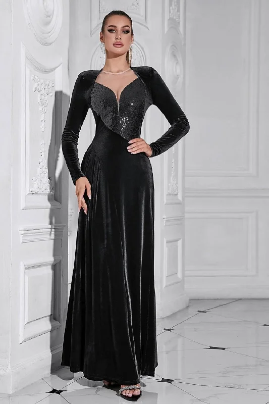 Shift Women Dress with a Simple and Classic Design for Everyday WearSparkly A Line Velvet Long Prom Dress with Long Sleeves