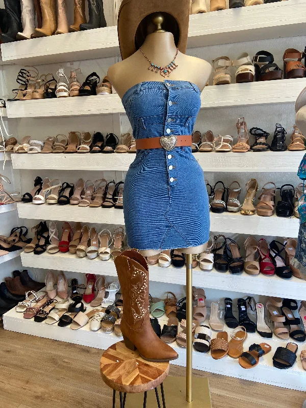 Sleeveless Women Dress in Bright Colors for Summer PartiesStrapless Button Up Denim Dress