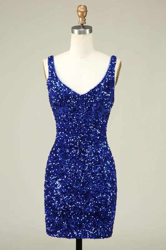 Wrap - Style Women Dress with Adjustable Fit for All Body TypesStylish Sheath V Neck Royal Blue Sequins Short Homecoming Dress