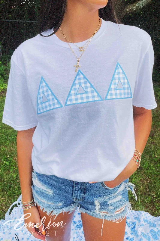 Distressed Women T Shirt with a Laid - Back AestheticTri Delta Blue Gingham Letter Tshirt